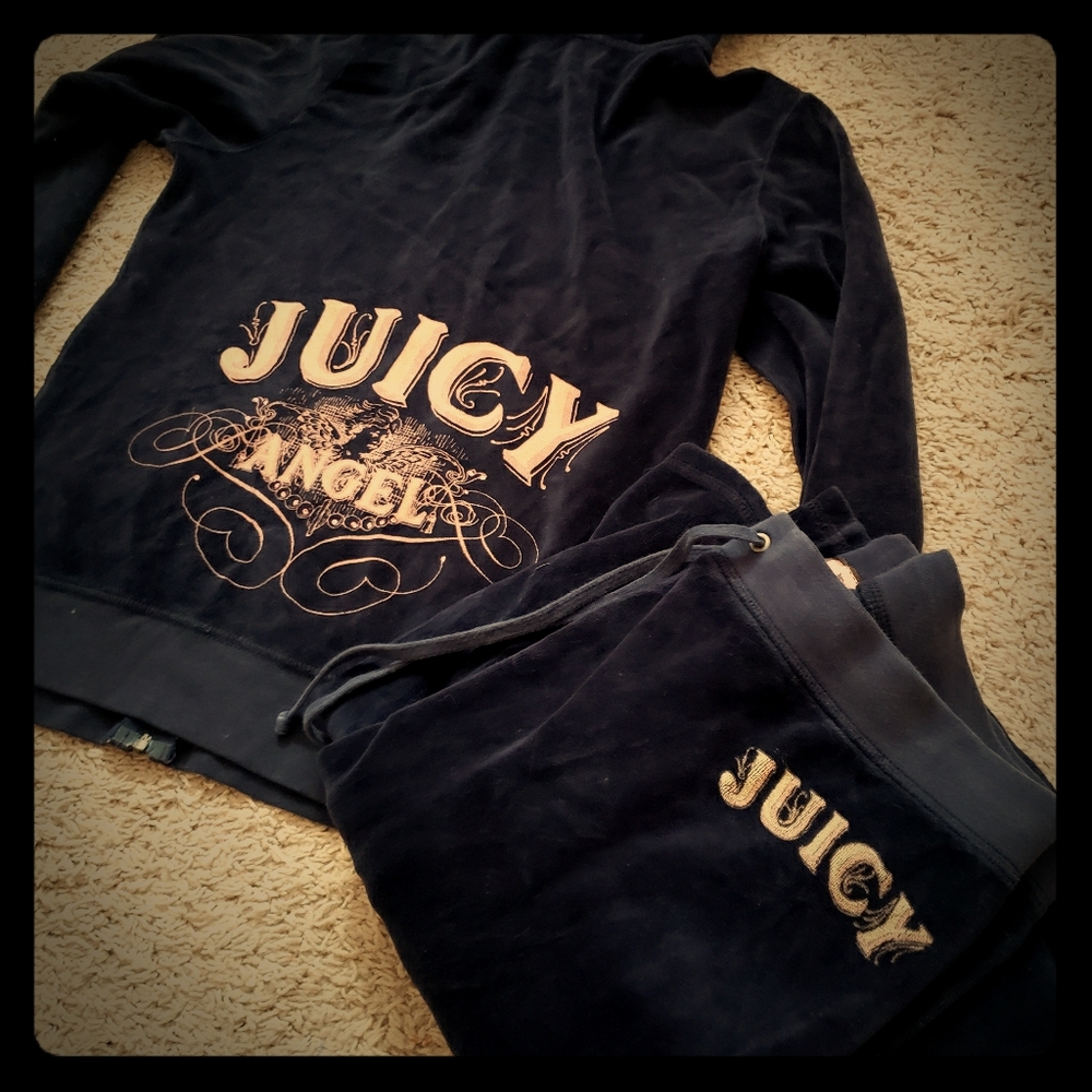 Juicy Couture Velour Hoodie Angel navy blue pink rhinestone
